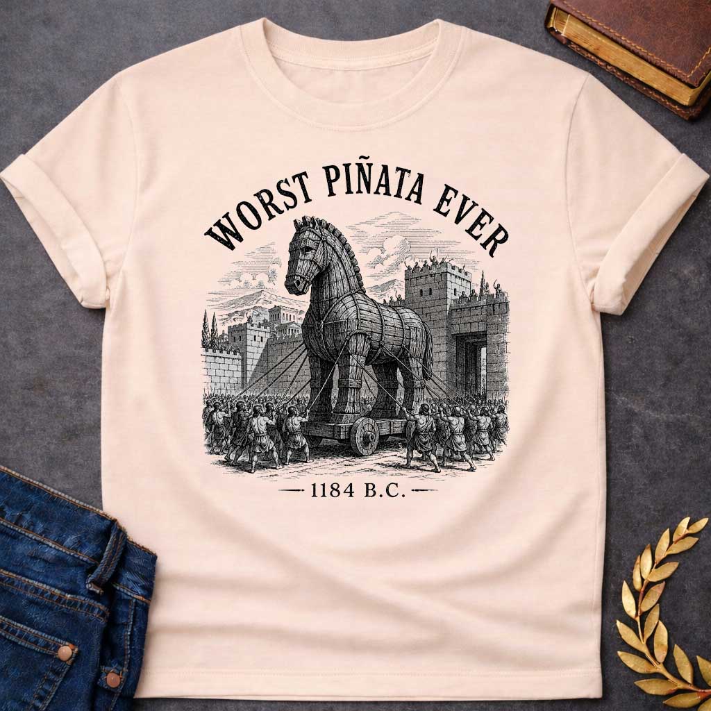 Natural T-Shirt with a detailed, woodcut-style graphic design. The central illustration depicts the wooden Trojan Horse being pulled on a wheeled platform by many figures using ropes toward the stone gates of a walled city. Arched over the top of the scene in a distressed, black serif font is the text "WORST PIÑATA EVER." At the bottom of the design, the year "1184 B.C." is printed between two horizontal decorative dashes