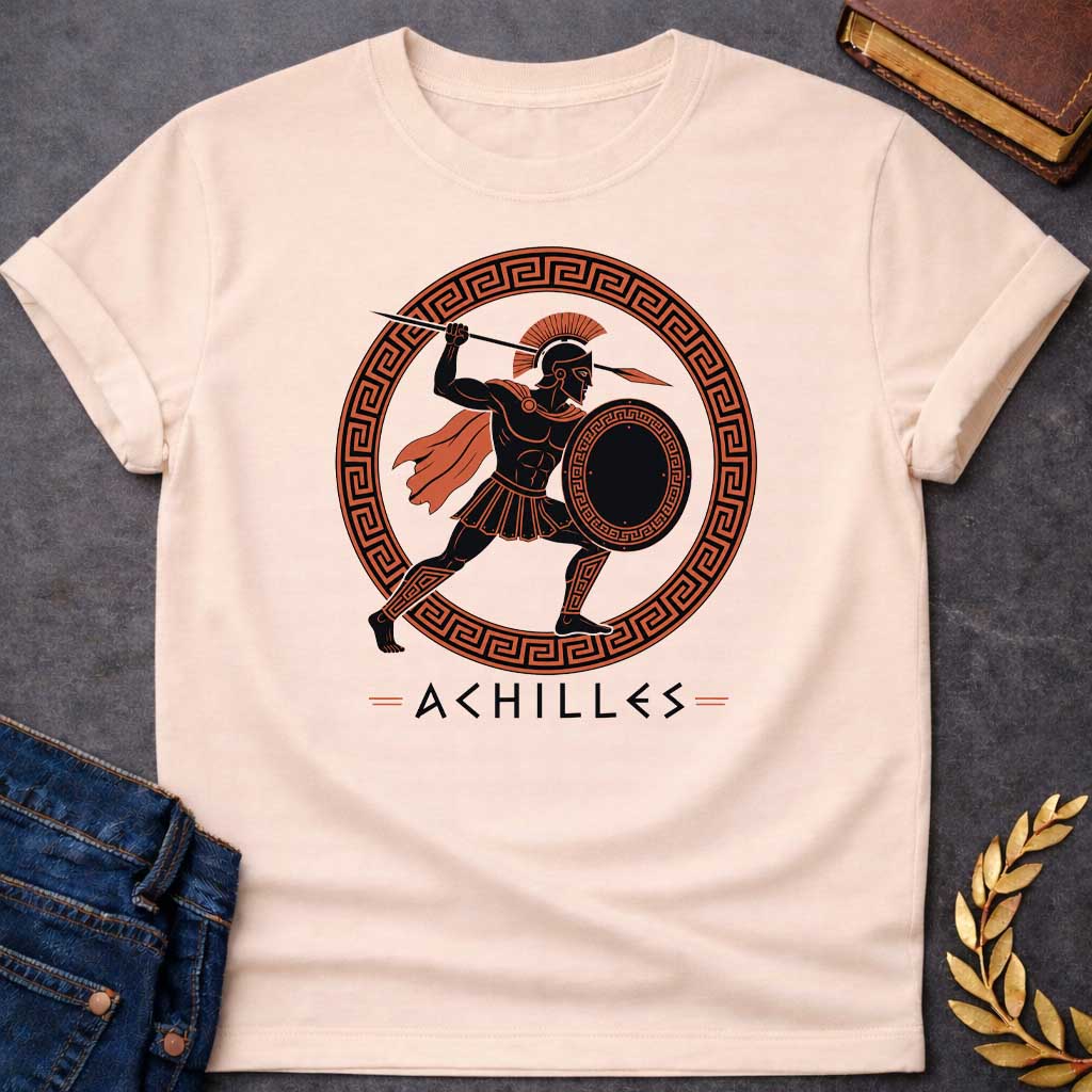 Natural T-Shirt with an ancient Greek red-figure pottery style illustration of Achilles in dynamic battle pose. The muscular figure is rendered in black silhouette with terracotta-orange details, wearing a crested Corinthian helmet, pleated skirt, flowing cape, and greaves. He holds a round shield with Greek key pattern and raises a spear overhead. Enclosed in a circular border with orange and black meander pattern. Below, 'ACHILLES' is written in geometric font. Evokes classical Greek pottery art.
