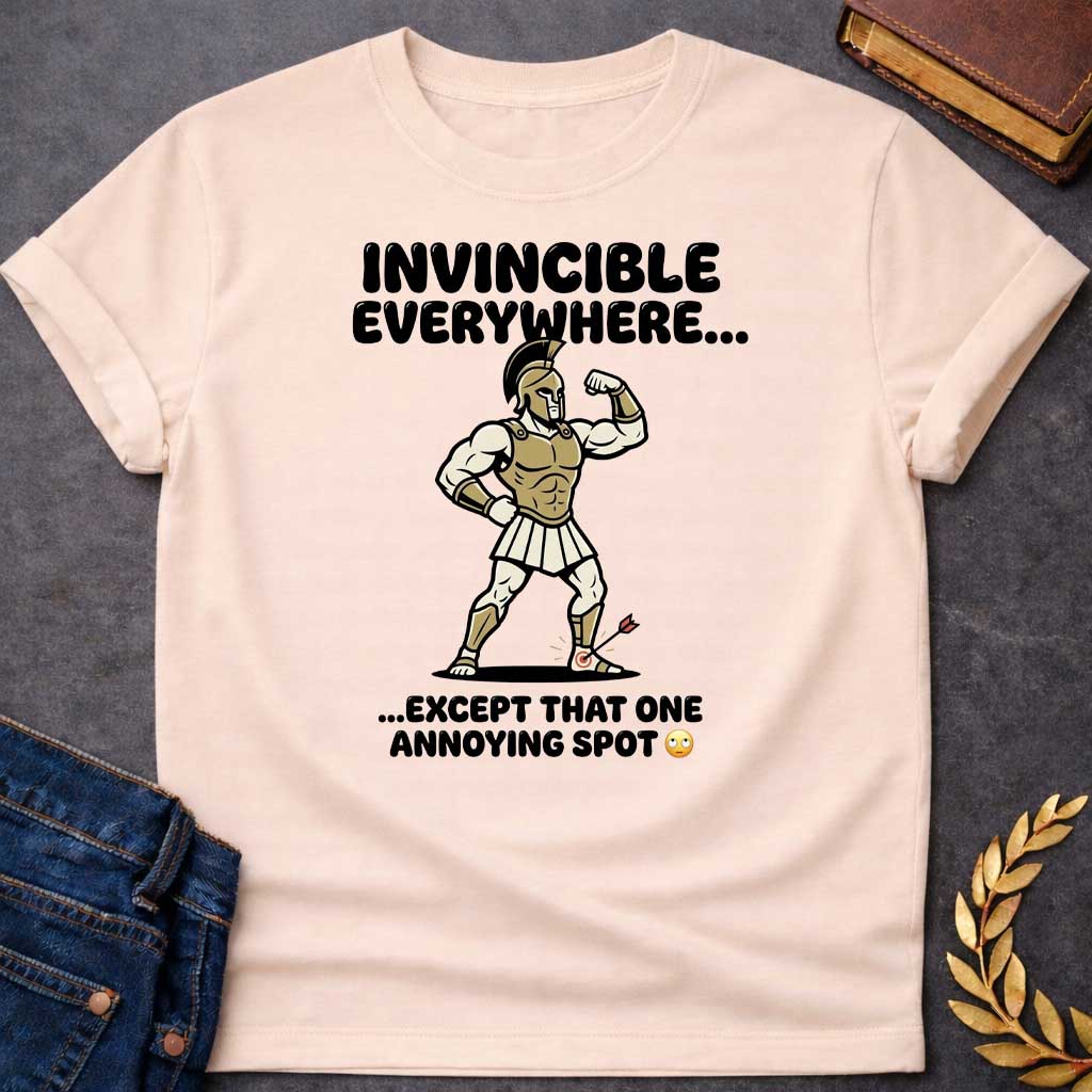 Natural T-Shirt with a humorous cartoon of a muscular Greek warrior in a bodybuilder pose, flexing his bicep. Wears gold Corinthian helmet, chest armor, white skirt, and greaves with exaggerated muscles. An arrow with target symbol has struck his heel. Text reads 'INVINCIBLE EVERYWHERE...' above and '...EXCEPT THAT ONE ANNOYING SPOT' with eye-roll emoji below. Comedic reference to Achilles' famous vulnerability—his heel was his only weak point. Cartoon style and modern slang create a lighthearted Greek myth