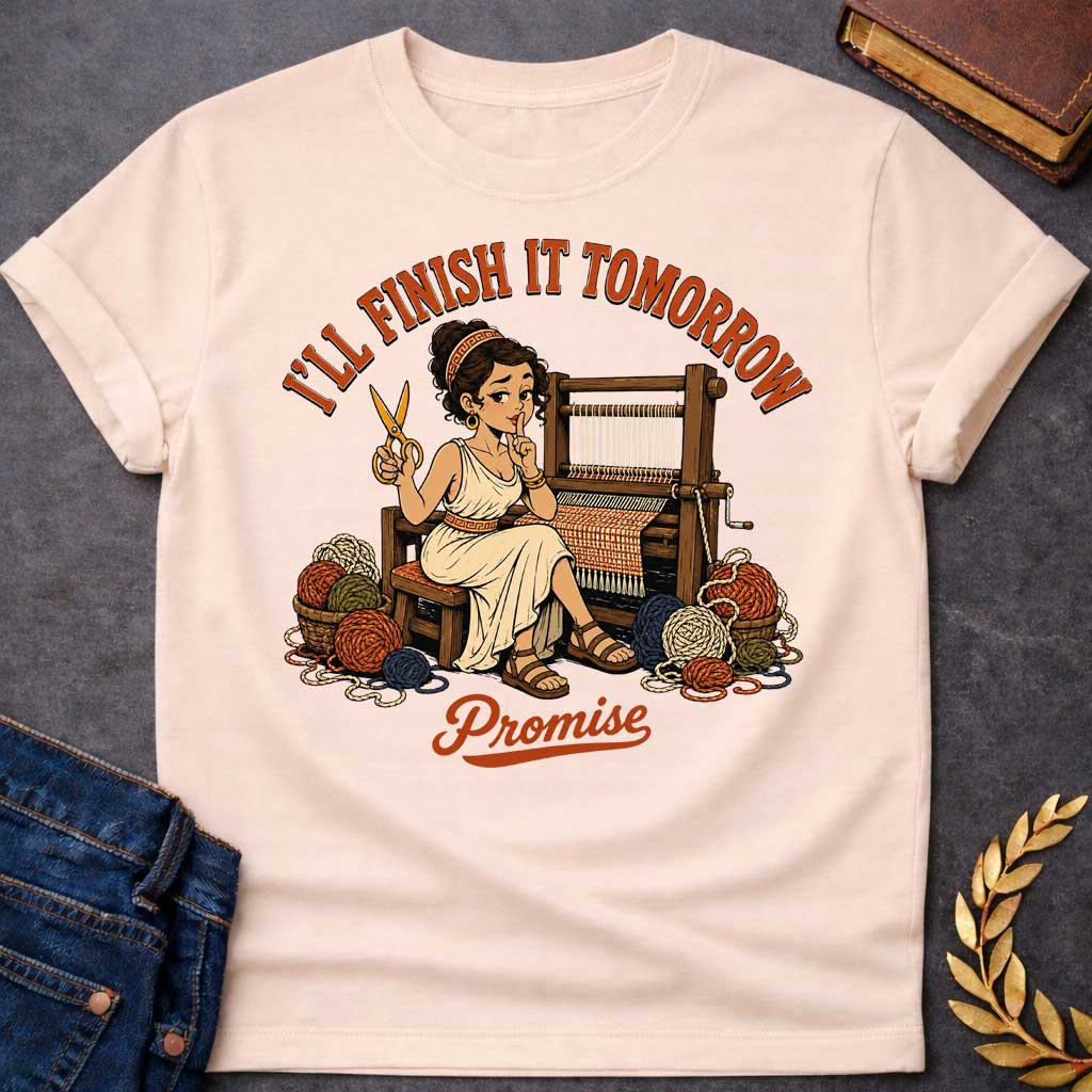 Natural T-Shirt with a humorous cartoon of Penelope at a wooden loom, holding scissors and making a 'shh' gesture. She wears a cream chiton with Greek key pattern belt, with curly brown hair. Baskets of colorful yarn surround her. Text reads 'I'LL FINISH IT TOMORROW' above and 'Promise' below. Comedic reference to Penelope's famous delaying tactic of weaving and unweaving her shroud to avoid suitors, reframed as modern procrastination humor.