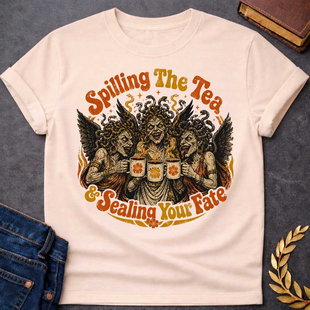 Natural T-shirt with a Humorous illustration blending modern gossip culture with Greek mythology. Three Furies with serpent hair and black wings wear classical robes, each holding a decorative tea cup with floral designs. Their expressions are menacing yet mischievous. Text reads 'Spilling The Tea & Sealing Your Fate.' Black, cream, orange, and gold color scheme with decorative flourishes. Playfully references both tea-spilling gossip and divine vengeance and fate.