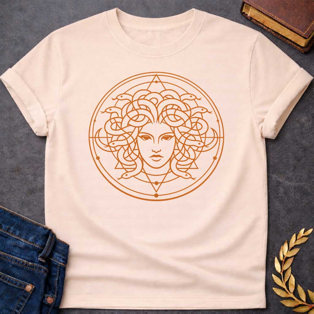 medusa minimalist style greek mythology adult shirt featuring detailed Greek mythology artwork, symbolic design, and bold graphic style