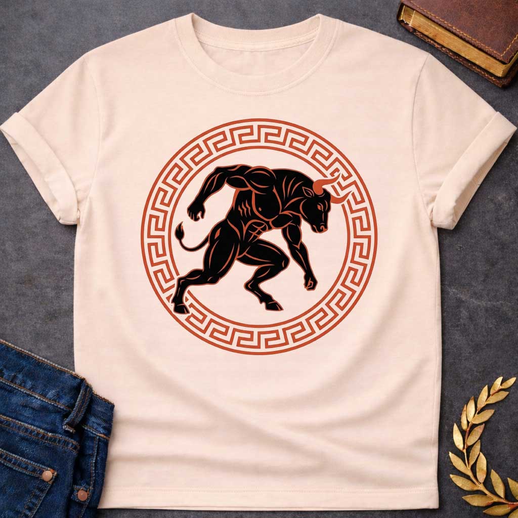 Natural T-shirt with A minimalist, athletic-style t-shirt graphic.  At the center is a highly muscular, black silhouette of a charging Minotaur with orange-red highlights and sharp horns. The dynamic creature is enclosed within a circular frame decorated with a classic terracotta-colored ancient Greek key (meander) pattern, creating a bold, timeless emblem design for apparel.
