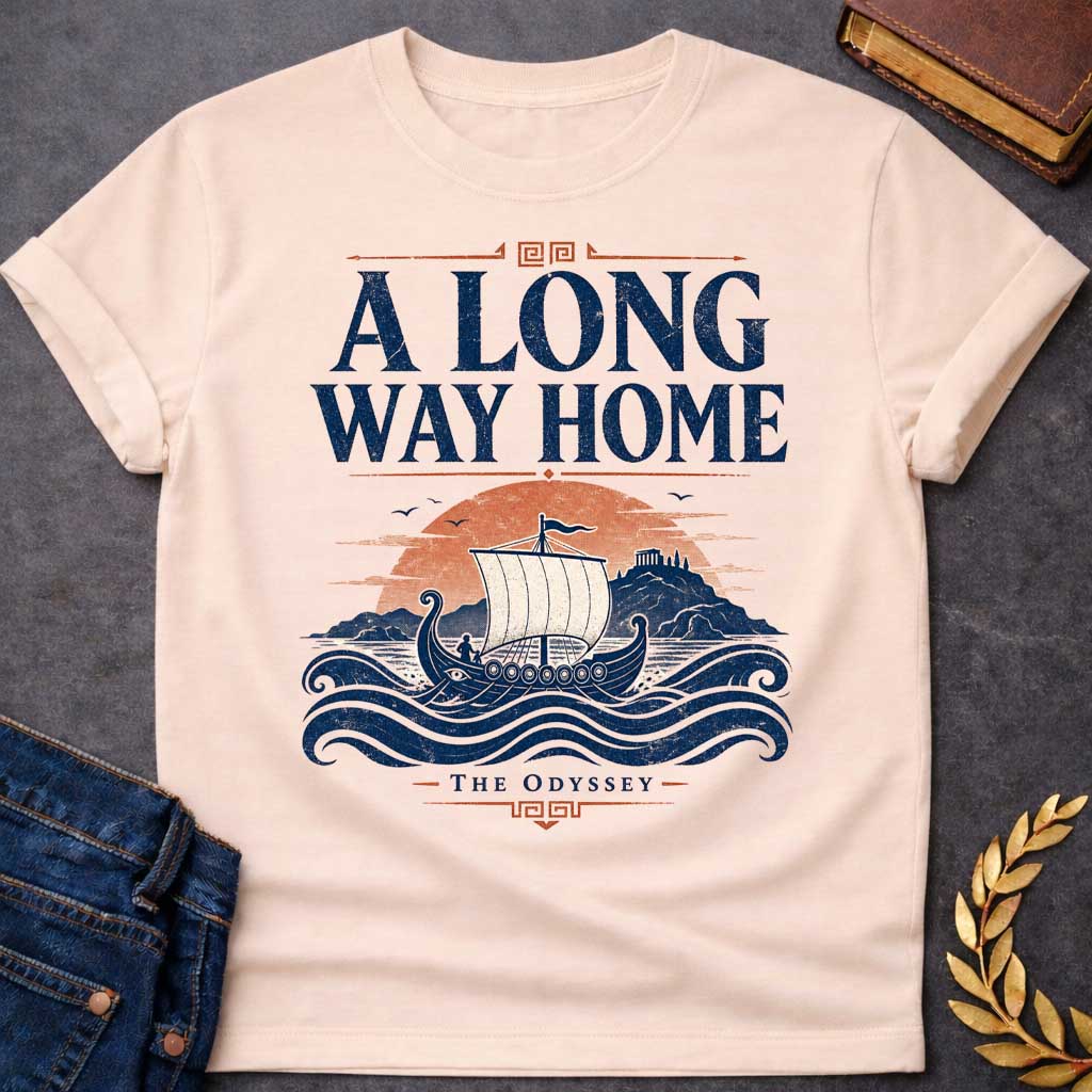 Natural t-shirt with a Vintage Greek mythology design inspired by The Odyssey, featuring an ancient Greek sailing ship crossing rolling blue waves toward a distant island and temple beneath a warm sunset. Bold distressed text reads "A Long Way Home" with "The Odyssey" below, capturing Odysseus' legendary journey back to Ithaca..