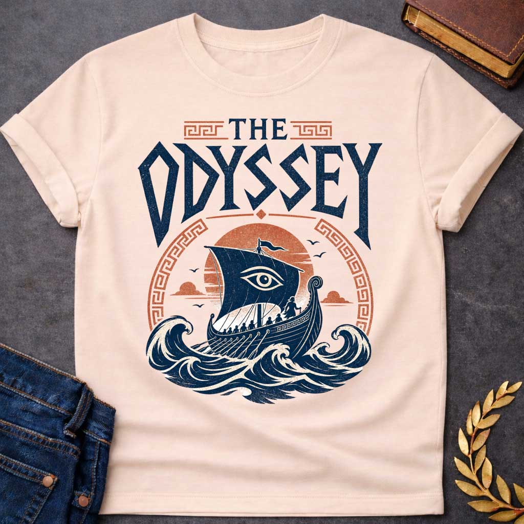 Natural t-shirt with a Vintage Greek mythology design inspired by The Odyssey, featuring Odysseus and his crew sailing an ancient Greek ship across powerful ocean waves. A watchful eye decorates the sail, framed by a setting sun and Greek key motifs. Bold distressed lettering reads "The Odyssey," capturing the legendary voyage, adventure, and trials of Odysseus.