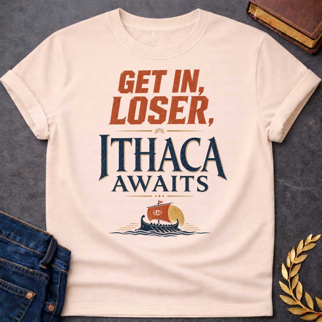 Natural t-shirt with a Funny Greek mythology design inspired by The Odyssey, featuring bold distressed text reading "Get In, Loser, Ithaca Awaits." A small ancient Greek ship sails beneath a golden sun, creating a playful twist on Odysseus' legendary voyage home to Ithaca. Vintage navy, terracotta, and gold colors complete the adventurous design.