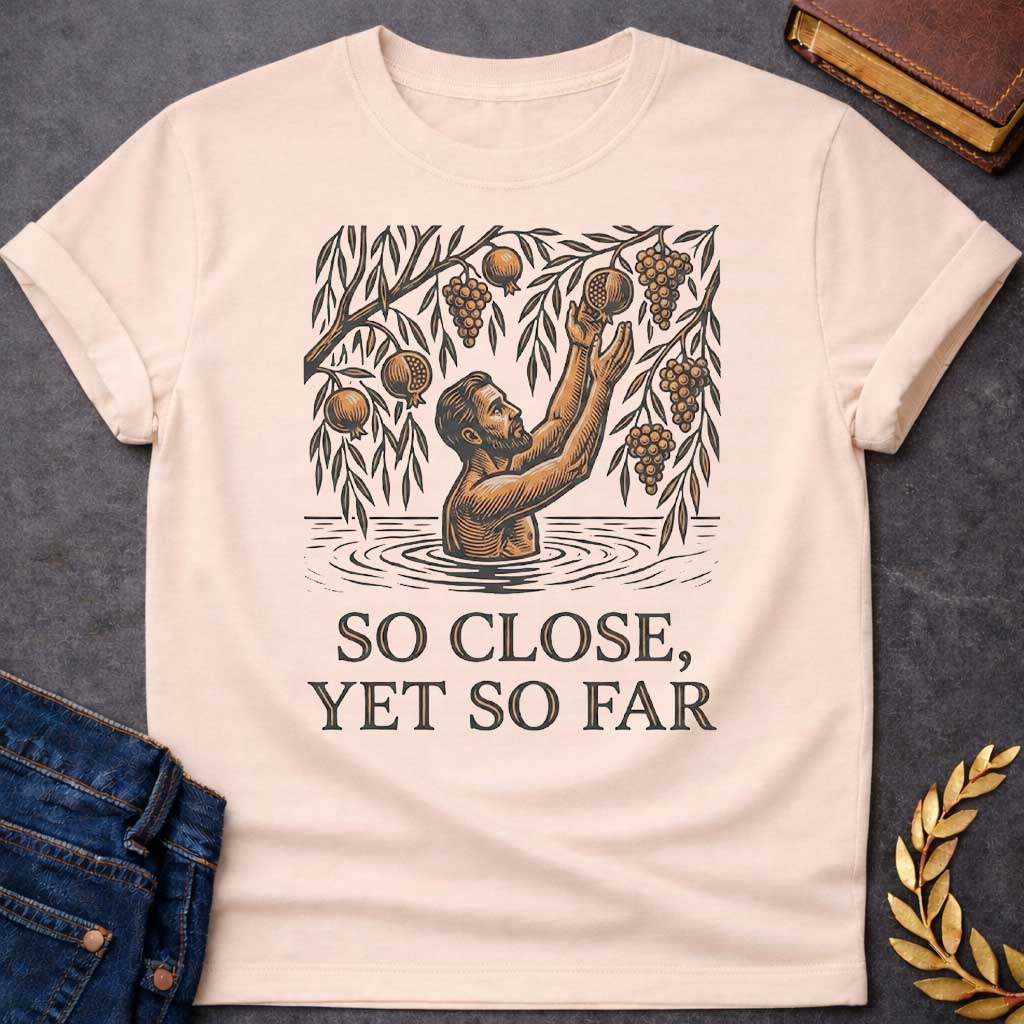 Natual t-shirt with A woodcut-style illustration. A bearded man stands waist-deep in rippling water, reaching both arms upward toward hanging fruit branches heavy with grapes and pomegranates just out of his grasp. Centered below the detailed linework illustration, bold, shadowed serif text reads "SO CLOSE, YET SO FAR"