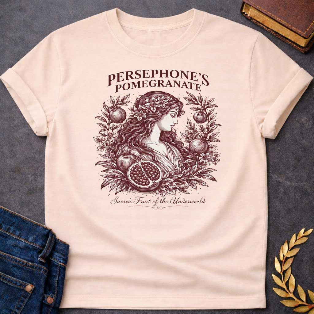 persephone pomegranate sacred fruit of the underworld greek mythology adult shirt featuring pomegranate, underworld queen symbolism in dark floral mythology design