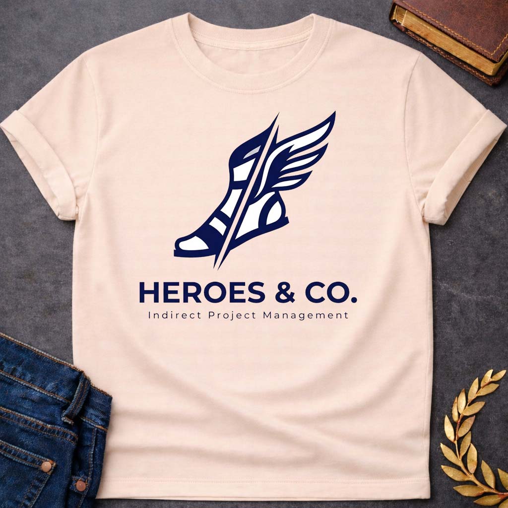 Natural t-shirt with a a bold, angular illustration of a winged sandal (Hermes-style) sliced diagonally by a sharp line, above the company name in large capital letters, with the tagline "Indirect Project Management" below in smaller spaced-out lettering.
