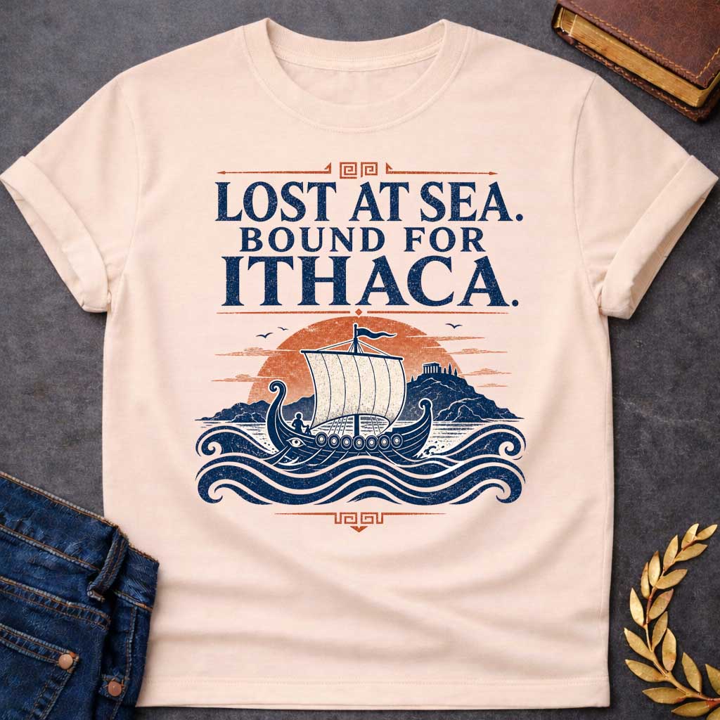 Natural t-shirt with a Vintage Greek mythology design featuring the phrase “Lost at Sea. Bound for Ithaca.” above an ancient Greek sailing ship crossing dark blue waves toward a distant island temple. Distressed navy, orange, and cream artwork evokes The Odyssey and Odysseus’ legendary voyage home to Ithaca.