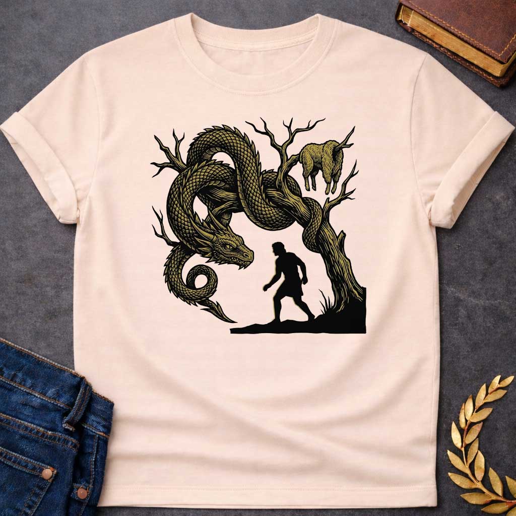 Natural T-shirt with A dramatic woodcut-style t-shirt design. In a high-contrast black and gold aesthetic, the black silhouette of a Greek warrior approaches a gnarled, leafless tree. Coiled tightly around the branches is a massive, detailed golden dragon with sharp scales, staring down closely at the hero. Hanging from a branch high in the tree is the golden fleece of a ram.
