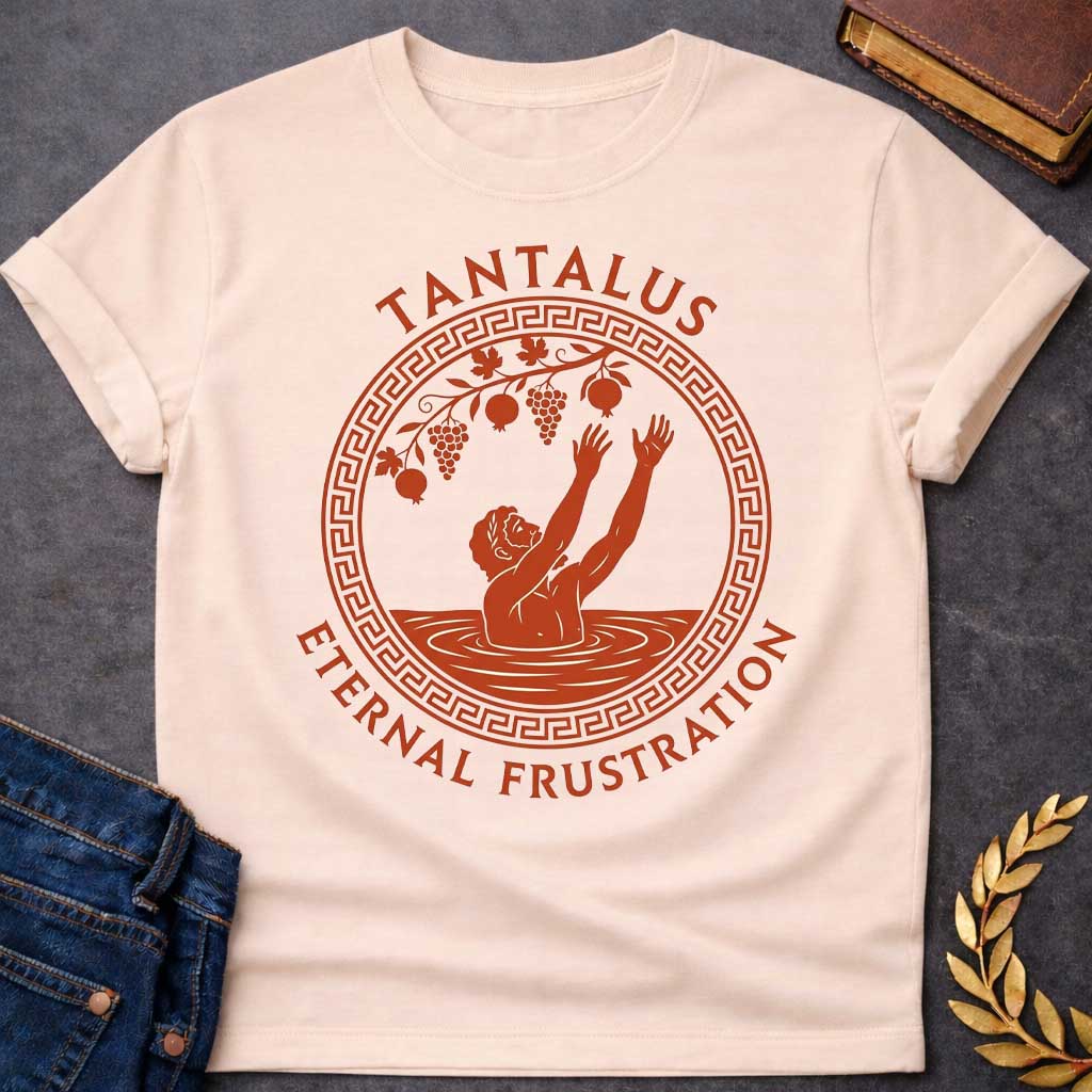 Natual t-shirt with An ancient Greek pottery-style t-shirt graphic for "enternal frustration.jpg". Inside a circular terracotta frame with a classic meander key pattern, a figure stands waist-deep in water reaching both hands up toward dangling grapes and pomegranates. Arched above the emblem, bold terracotta text reads "TANTALUS", while the phrase "ETERNAL FRUSTRATION" curves around the bottom in matching serif typography.