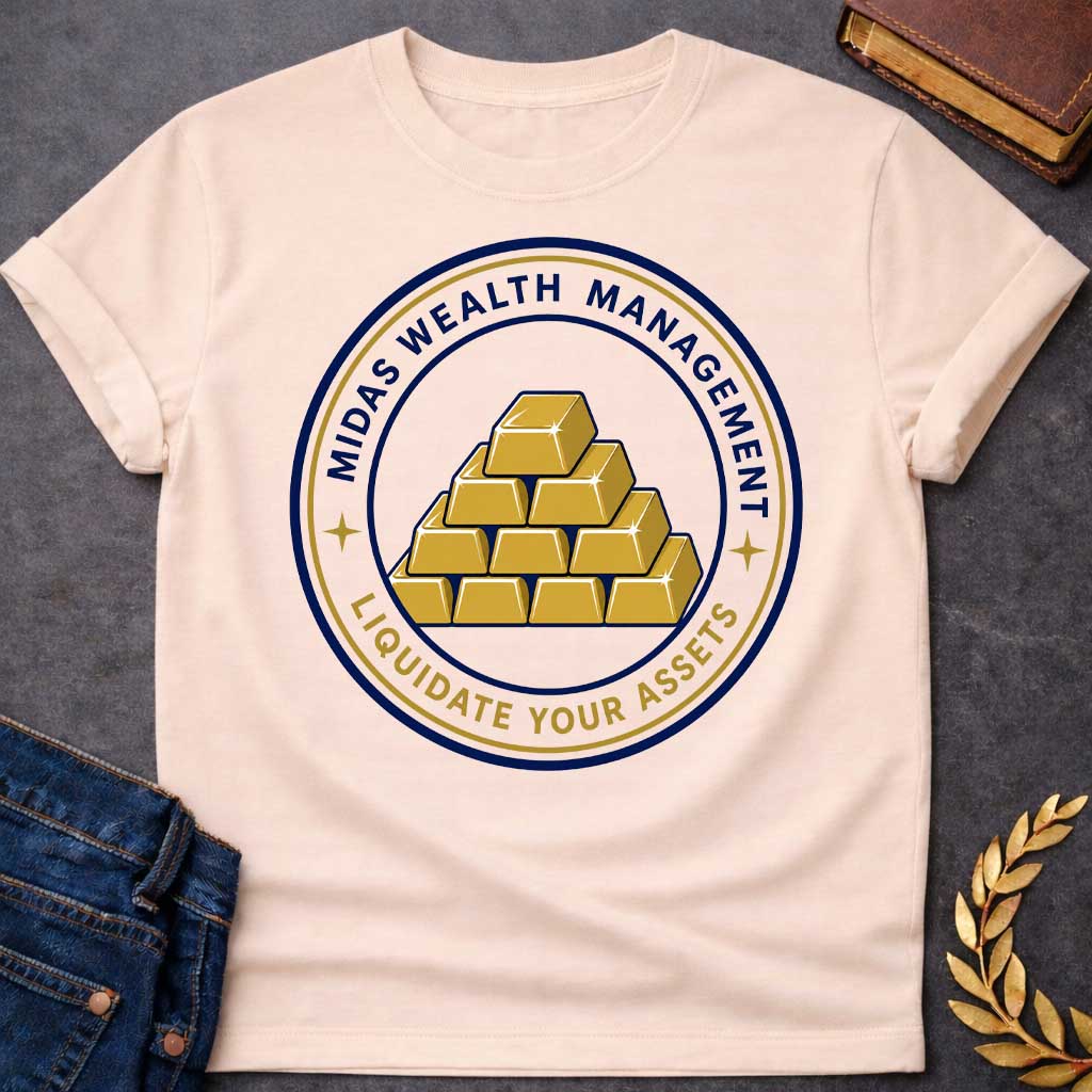 Natural t-shirt with A Corporate-style Greek mythology design featuring a circular emblem with stacked gold bars at the center and the humorous text "Midas Wealth Management" across the top and "Liquidate Your Assets" along the bottom. Inspired by the legend of King Midas, the clean badge design uses navy blue, metallic gold, and white for a polished, finance-themed parody graphic.