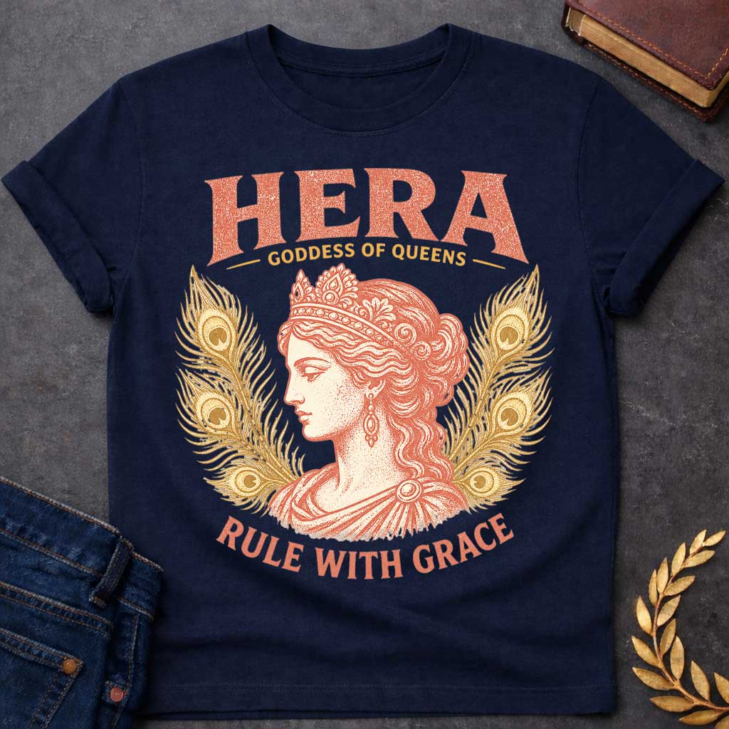 Navy t-shirt with a Vintage Hera Greek mythology design featuring the Goddess of Queens in profile wearing an ornate jeweled crown and elegant classical robes. Golden peacock feathers frame her portrait, symbolizing Hera’s sacred bird and royal status. Distressed coral and gold artwork includes the bold text “Hera Goddess of Queens” and “Rule With Grace.”