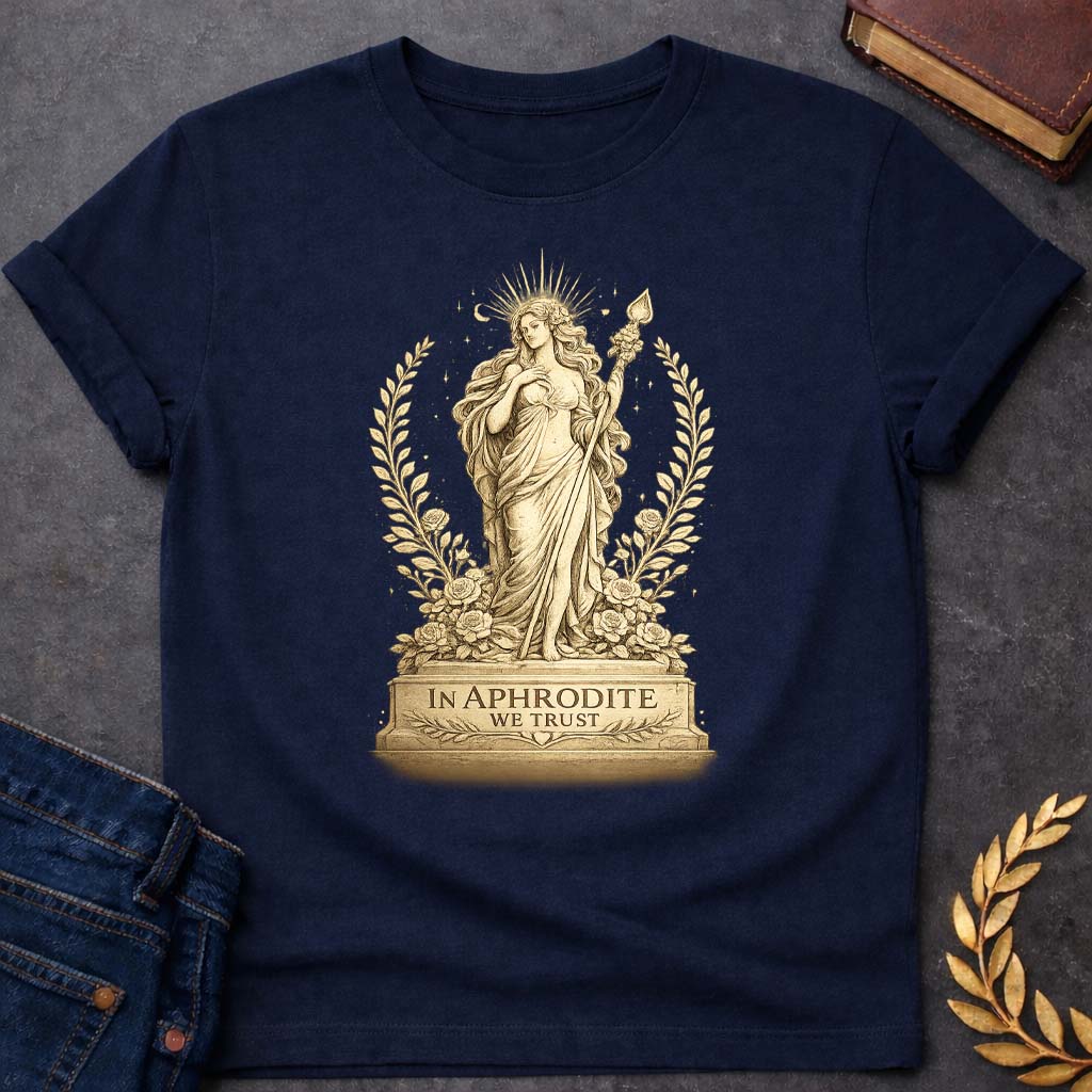 in aphrodite we trust greek mythology youth heavy cotton™ tee 1 featuring detailed Greek mythology artwork, symbolic design, and bold graphic style