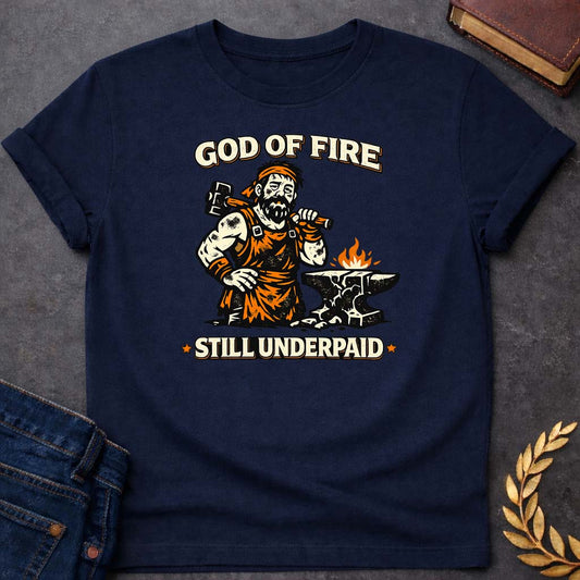 Hephaestus God of Fire Still Underpaid Greek Mythology Youth T-Shirt featuring blacksmith hammer, forge sparks, fire god symbolism in industrial mythology design