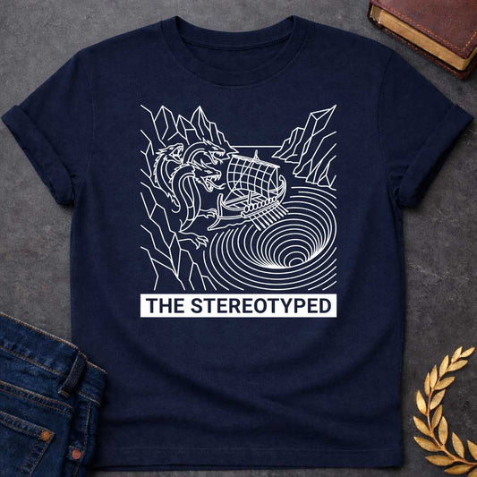 Navy t-shirt with A clean, line art t-shirt design. Rendered in white line work, an ancient Greek galley ship navigates between a three-headed sea monster on jagged cliffs and a concentric, swirling whirlpool. Below the graphic, a solid dark blue rectangular banner features white, sans-serif block text that reads "THE STEREOTYPED".