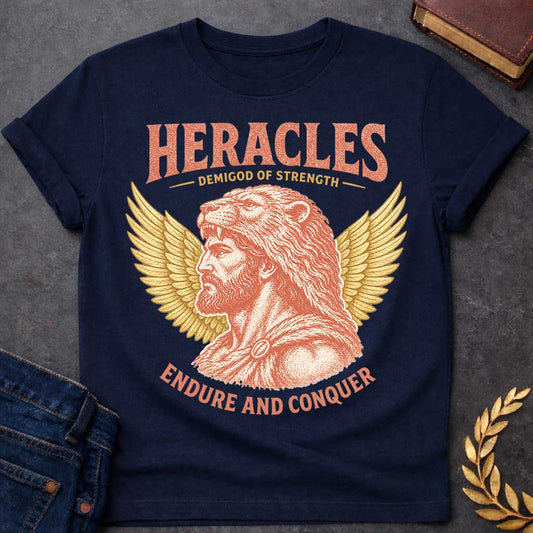 Navy t-shirt with a Vintage Heracles Greek mythology design featuring the legendary demigod of strength in profile wearing the Nemean lion skin, framed by detailed golden wings. Distressed coral and gold artwork creates an antique classical look with bold text reading “Heracles Demigod of Strength” and “Endure and Conquer.”