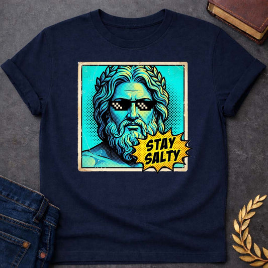 poseidon stay salty greek mythology youth t shirt featuring trident, ocean waves, sea god symbolism in Greek mythology design
