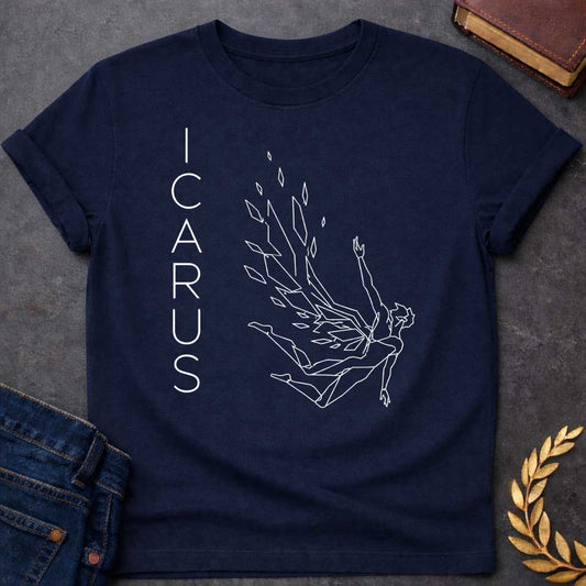 Navy t-shirt in minimalist geometric line-art style: a falling figure with fragmented, angular wings shedding scattered diamond-shaped feathers as he tumbles, one arm reaching upward. Thin white outline drawing  with "Icarus" spelled vertically in narrow letter spaced type on the left.