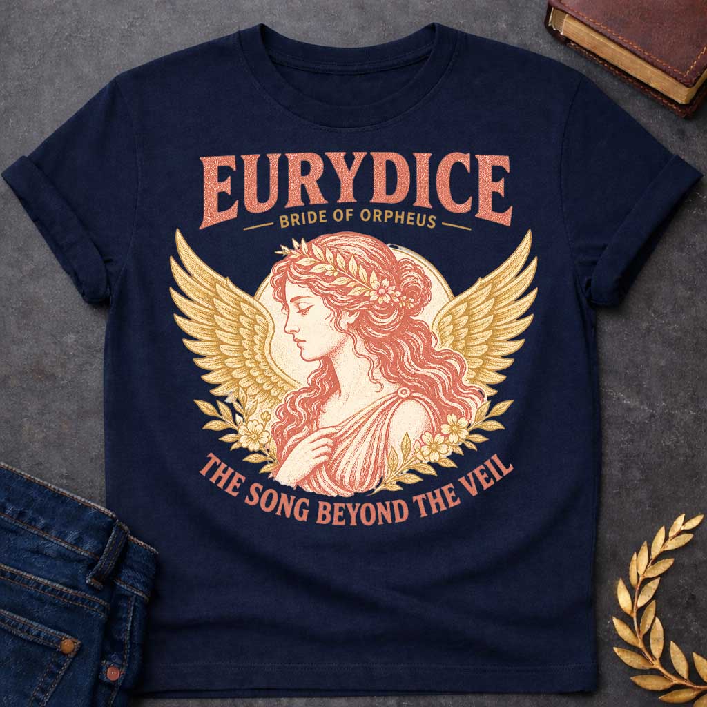 Navy t-shirt with a Vintage Greek mythology design featuring Eurydice, bride of Orpheus, in an elegant classical portrait framed by golden wings, flowers, and laurel leaves. Distressed coral and gold artwork includes the text “Eurydice Bride of Orpheus” and “The Song Beyond the Veil,” inspired by the tragic myth of Orpheus and Eurydice.