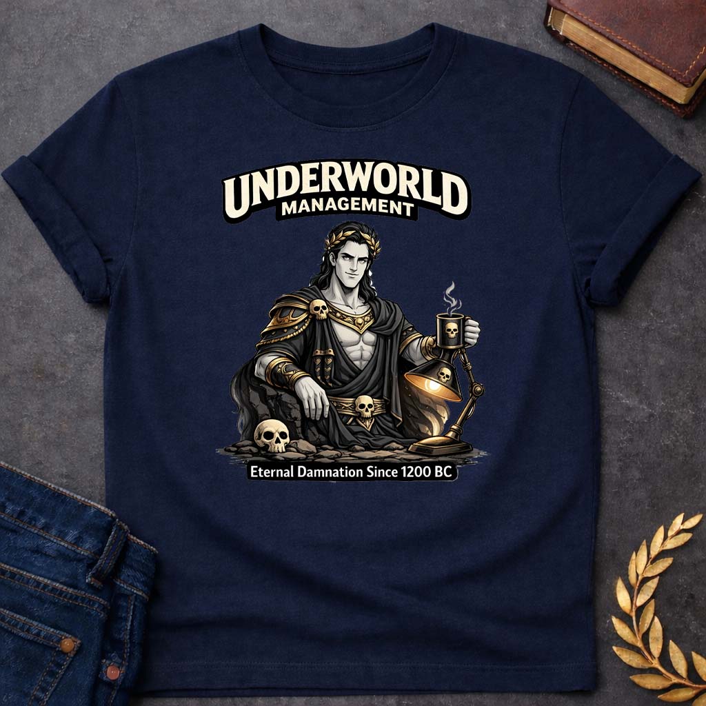 Hades Underworld Management Greek Mythology Adult T-Shirt featuring underworld king, skull motifs, dark Greek mythology design
