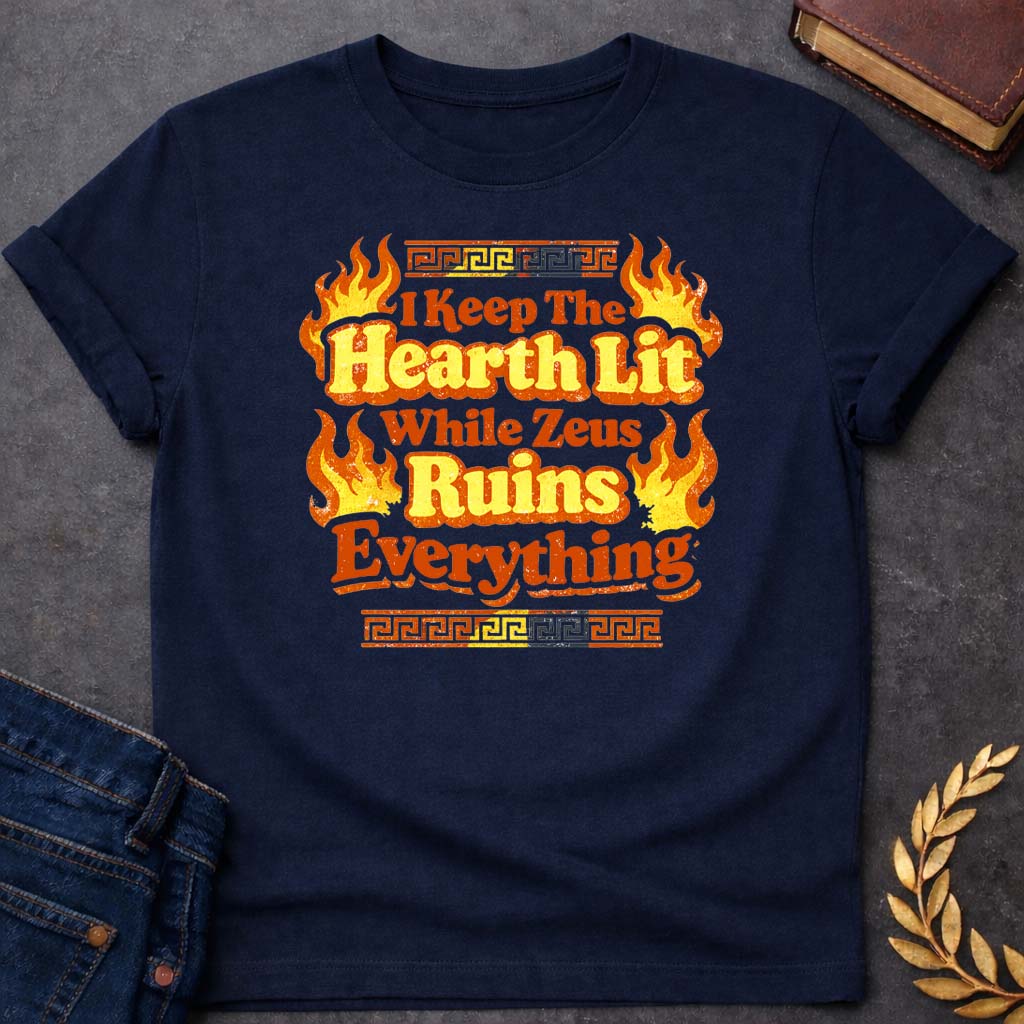 Hestia I Keep the Hearth Lit Greek Mythology Youth T-Shirt featuring detailed Greek mythology artwork, symbolic design, and bold graphic style
