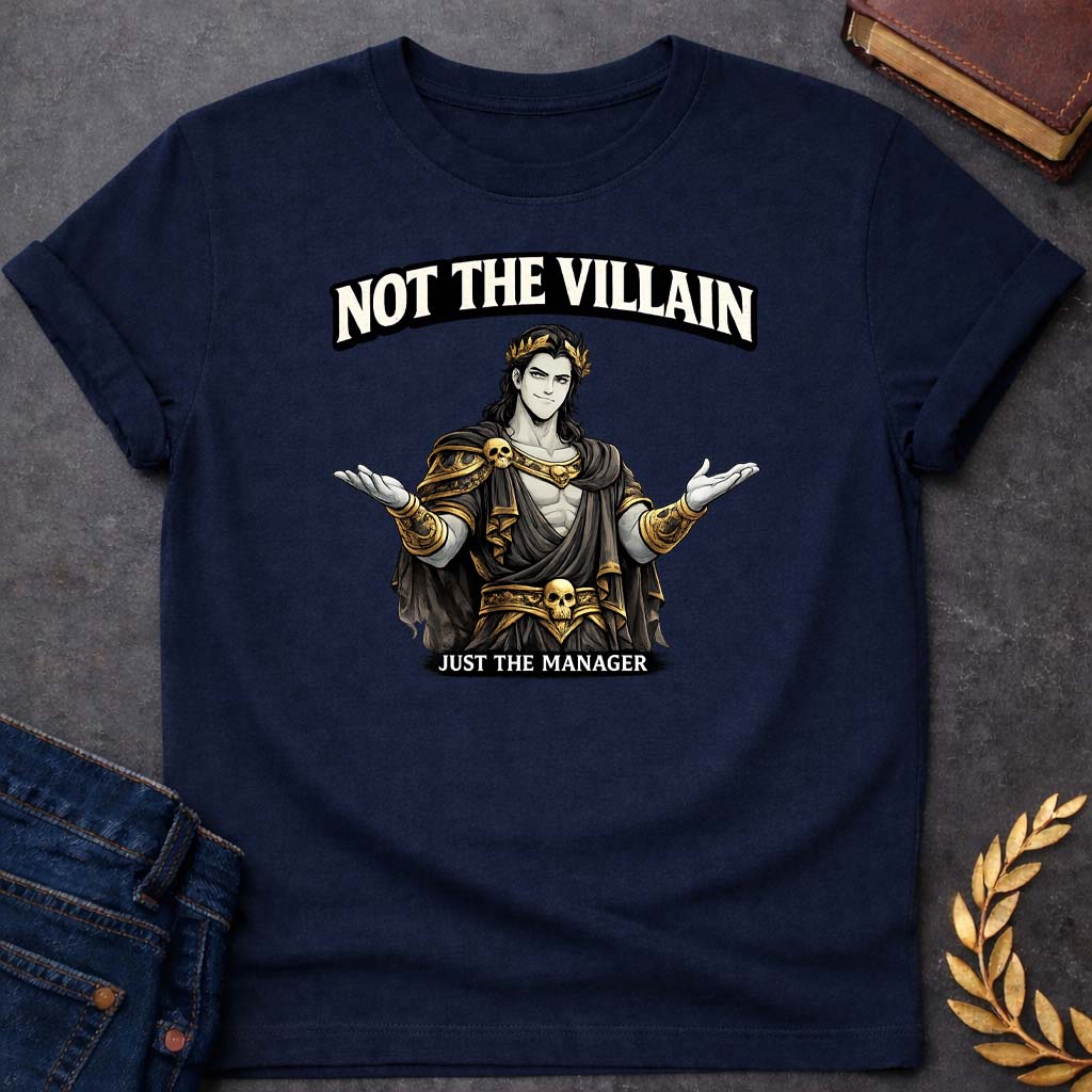 Hades Not the Villain Greek Mythology Adult T-Shirt featuring underworld king, skull motifs, dark Greek mythology design