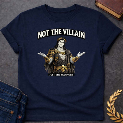 Hades Not the Villain Greek Mythology Adult T-Shirt featuring underworld king, skull motifs, dark Greek mythology design