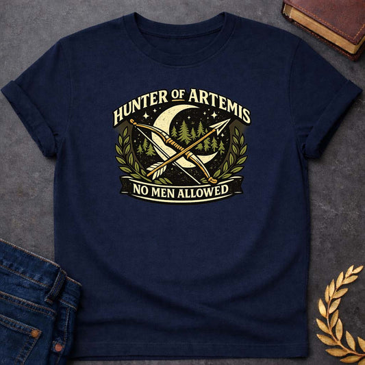 Hunter of Artemis No Men Allowed Greek Mythology Adult T-Shirt featuring detailed Greek mythology artwork, symbolic design, and bold graphic style