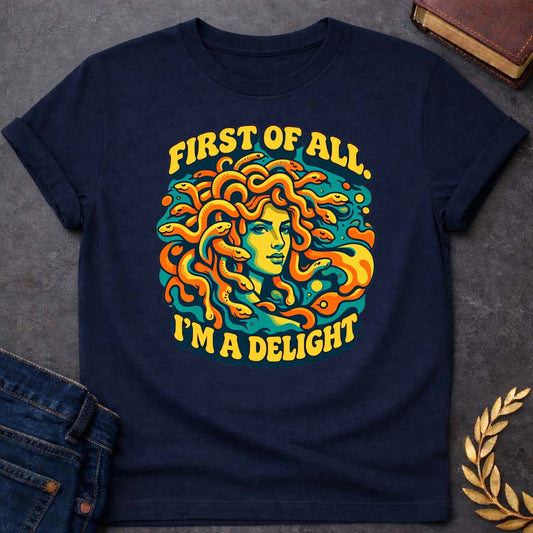 Medusa First of All I'm a Delight Psychedelic Style Greek Mythology Youth Shirt featuring detailed Greek mythology artwork, symbolic design, and bold graphic style