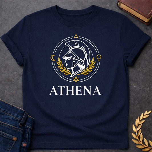 athena minimalist style greek mythology youth shirt featuring owl, laurel wreath, wisdom symbolism in vintage Greek mythology design