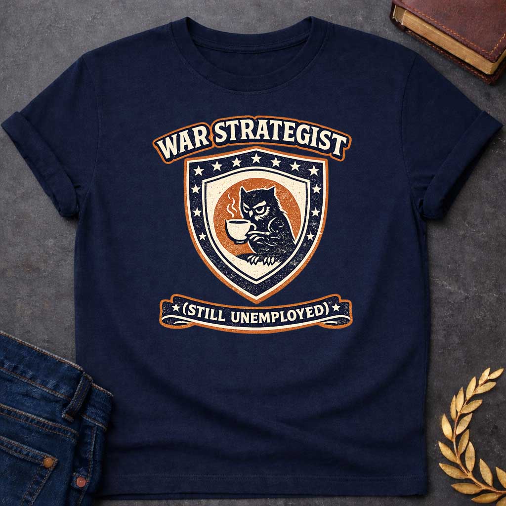 Navy T-shirt graphic featuring a vintage varsity-style crest in navy, orange, and cream. A grumpy owl holding a steaming coffee cup is centered on a shield surrounded by stars. An arched banner above reads "War Strategist" and a ribbon banner below reads "(Still Unemployed)," giving the design a humorous tone