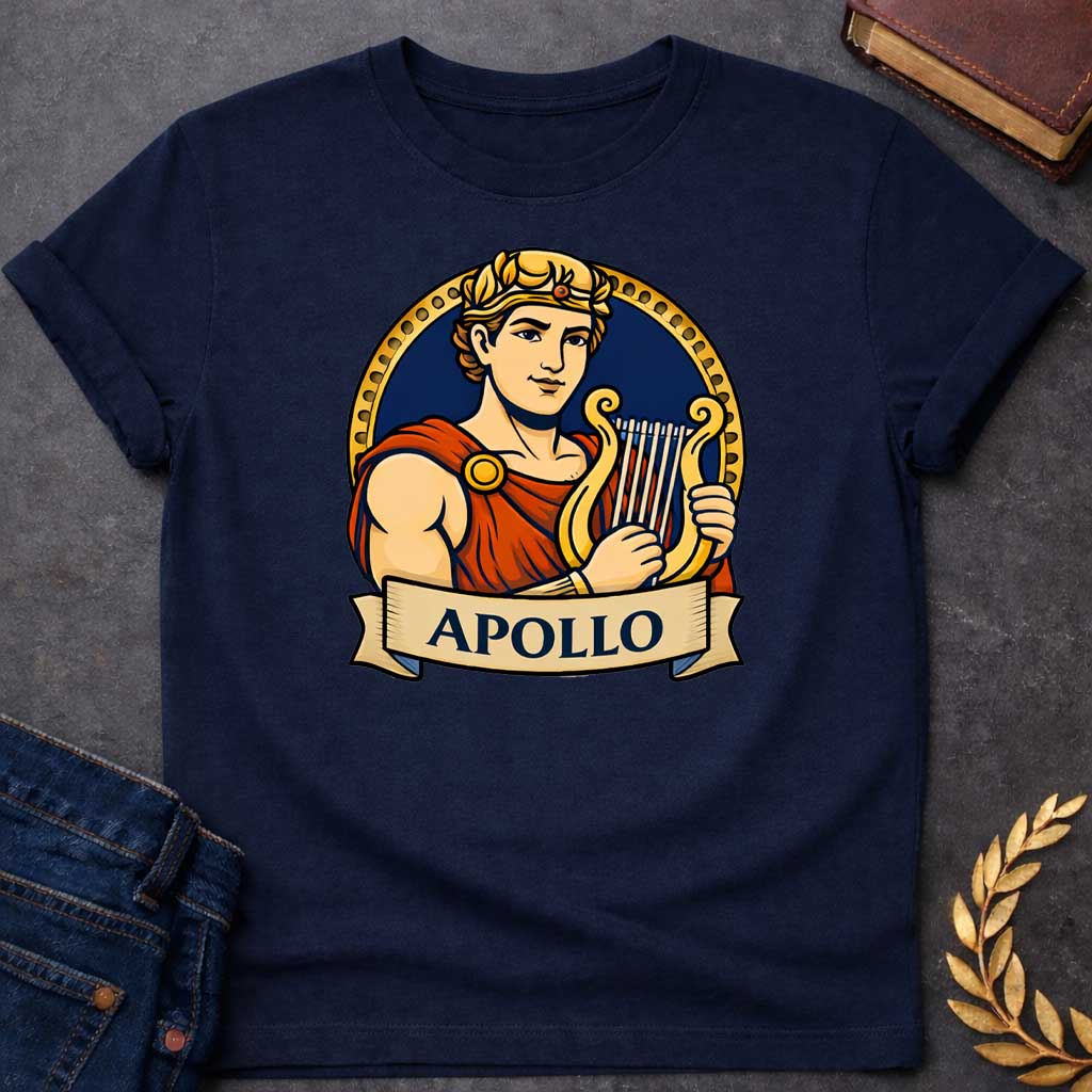 Navy T-shirt graphic featuring a vibrant illustrated portrait of Apollo, the Greek God of the Sun and Music, with short curly hair and a gold laurel crown, wearing a red draped robe fastened with a gold brooch, playing a golden lyre. He is framed within a gold circular border against a navy background, with a scroll banner below reading "Apollo," in a bold tattoo-inspired style with navy, gold, and red tones