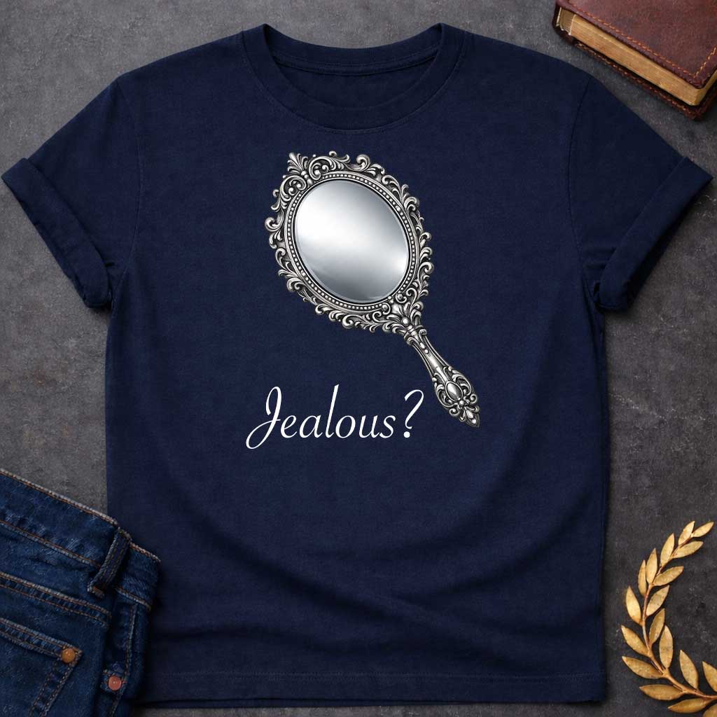 Navy T-shirt graphic featuring an ornate silver hand mirror with an oval reflective face, decorated with intricate baroque-style scrollwork, floral motifs, and beaded detailing along the frame and handle, set against a solid black background. Associated with Aphrodite, Greek Mythology Goddess of Love