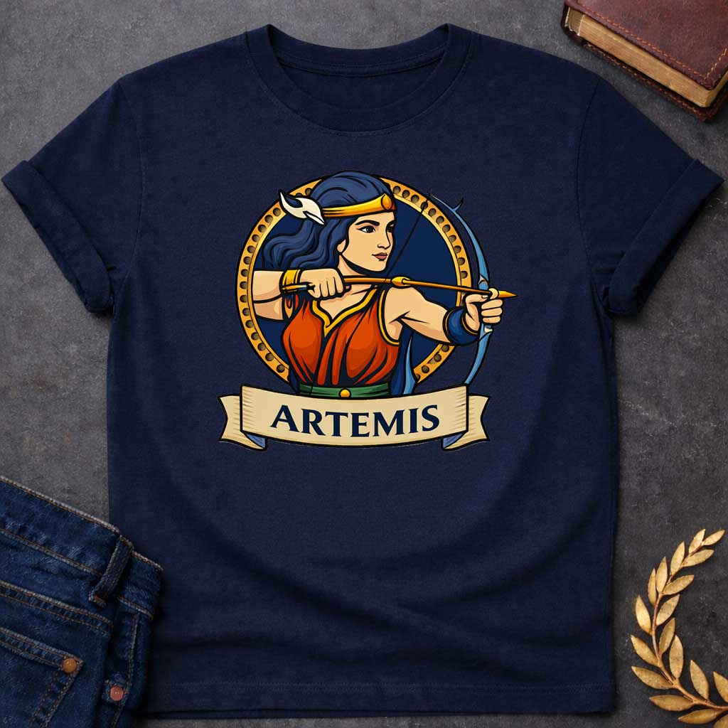 Navy T-shirt graphic featuring a vibrant illustrated portrait of Artemis, the Greek Goddess of the Hunt, with long dark blue hair and a gold headband adorned with a white crescent moon, wearing a red and blue draped gown with a green belt, drawn back in a dynamic archery pose with a bow and arrow aimed forward. She is framed within a gold circular border against a navy background, with a scroll banner below reading "Artemis," in a bold tattoo-inspired style with navy, gold, and red tones