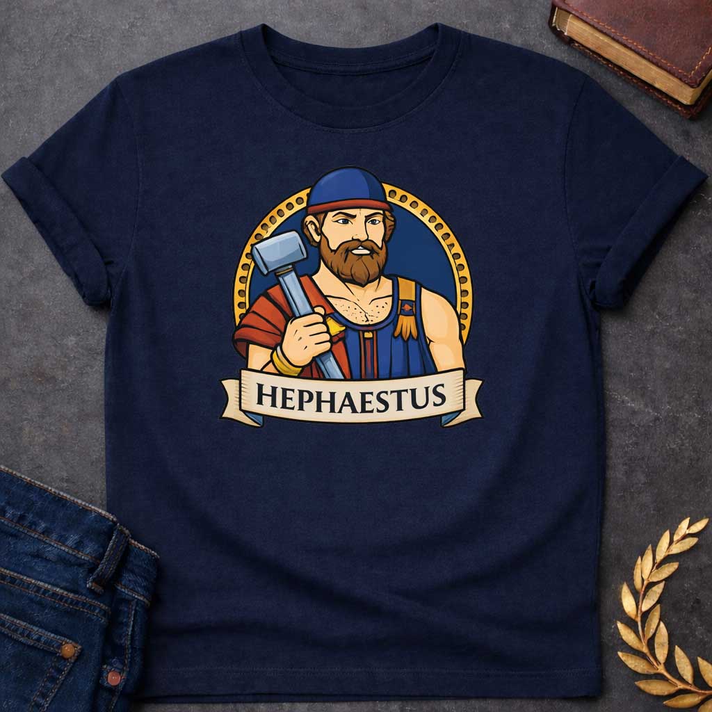 Navy T-shirt graphic featuring a vibrant illustrated portrait of Hephaestus, the Greek God of the Forge, depicted as a muscular bearded man with a full red-brown beard, wearing a blue workman's tunic with gold suspenders and a blue cap with a red brim, holding a large silver smith's hammer over his shoulder with soot marks on his chest. He is framed within a gold circular border against a navy background, with a scroll banner below reading "Hephaestus," in a bold tattoo-inspired style with navy, gold, and r