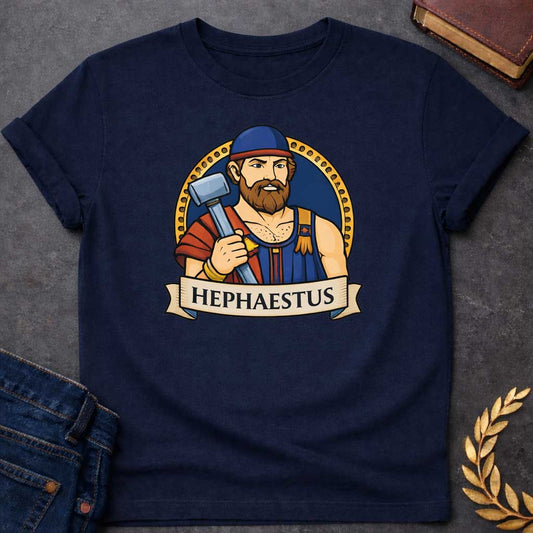 Navy T-shirt graphic featuring a vibrant illustrated portrait of Hephaestus, the Greek God of the Forge, depicted as a muscular bearded man with a full red-brown beard, wearing a blue workman's tunic with gold suspenders and a blue cap with a red brim, holding a large silver smith's hammer over his shoulder with soot marks on his chest. He is framed within a gold circular border against a navy background, with a scroll banner below reading "Hephaestus," in a bold tattoo-inspired style with navy, gold, and r