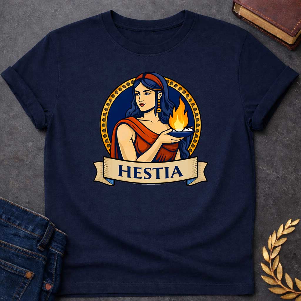 Navy T-shirt graphic featuring a vibrant illustrated portrait of Hestia, the Greek Goddess of the Hearth, with long dark blue wavy hair and a red headband, wearing gold drop earrings and a red draped robe, gently cradling a blue oil lamp with a glowing flame in her outstretched hands. She is framed within a gold circular border against a navy background, with a scroll banner below reading "Hestia," in a bold tattoo-inspired style with navy, gold, and red tones