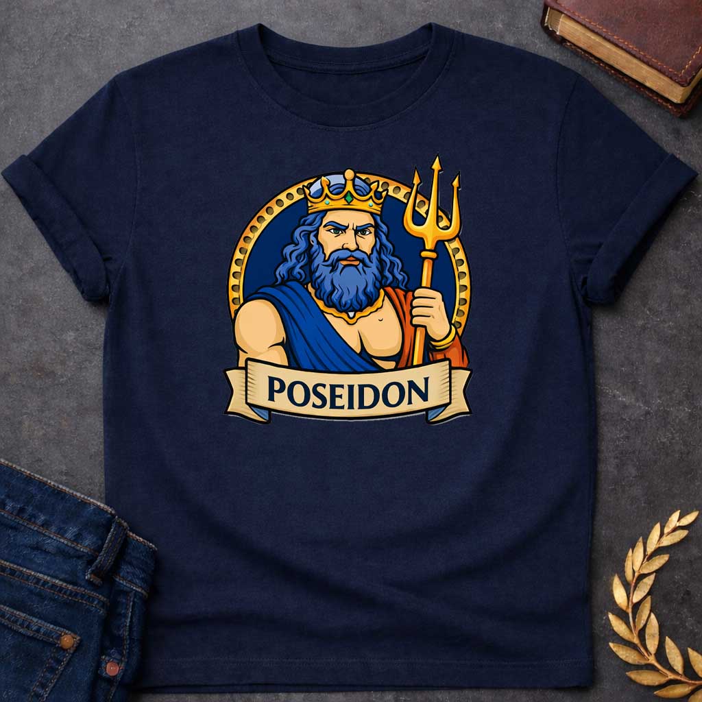 Navy T-shirt graphic featuring a vibrant illustrated portrait of Poseidon, the Greek God of the Sea, as a powerful muscular man with long wavy blue hair and a full blue beard, wearing a gold jeweled crown and a blue and red draped robe with a gold necklace, gripping a large golden trident. He is framed within a gold circular border against a navy background, with a scroll banner below reading "Poseidon," in a bold tattoo-inspired style with navy, gold, and blue tones
