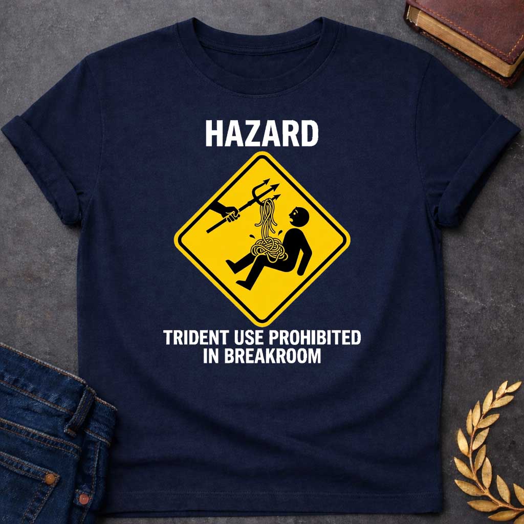 Navy T-Shirt with a humorous design featuring a bold, yellow, diamond-shaped warning sign. Inside the sign, a stick figure falls backward, looking shocked as a pile of tangled yellow spaghetti spills from their chest and stomach. Above them, an outstretched black silhouette of a hand holds a trident, which has a forkful of the spaghetti tangled in its tines, appearing to have just pulled the pasta away. Above the sign, the word "HAZARD" is printed in large, white, block letters. Below the sign, the text "TR