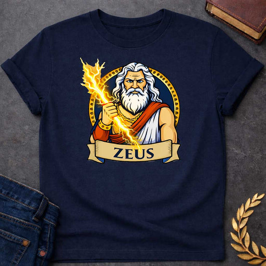 Navy T-shirt graphic featuring a vibrant illustrated portrait of Zeus, the Greek King of the Gods, as a powerful older man with long wavy white hair and a full white beard, piercing blue eyes, wearing a white draped robe with a red sash and a gold chain necklace and bracelet, wielding a crackling golden lightning bolt. He is framed within a gold circular border against a navy background, with a scroll banner below reading "Zeus," in a bold tattoo-inspired style with navy, gold, and white tones
