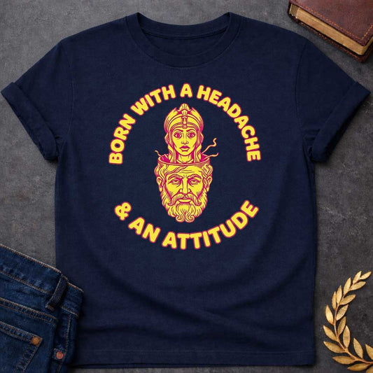 Navy T-shirt graphic in yellow and pink featuring a retro illustration of Athena emerging from the split-open head of Zeus, depicted as a bearded older man with his cranium open at the top. Bold rounded yellow text with pink outline curves around the circular design reading "Born with a Headache" arched above and "& an Attitude" arched below — a humorous reference to the Greek myth of Athena's birth, in a vintage biker patch style set