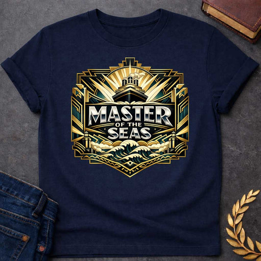 Navy T-shirt graphic featuring a lavish Art Deco shield-shaped badge design in dark teal, gold, and silver. A ocean liner ship emerges from sunburst rays at the top, above bold silver chrome text reading "Master of the Seas" centered on a dark background, with stylized crashing gold and teal waves below and ornate geometric architectural columns flanking the sides — referencing Poseidon, the Greek God of the Sea