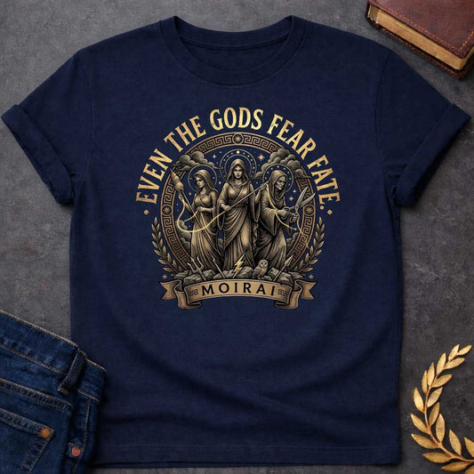 Navy T-shirt graphic featuring a detailed vintage engraving-style circular badge design in gold and dark brown tones. Three robed figures representing the Moirai, the Greek Fates, stand together at the center — the first holding a spindle and thread, the middle holding a measuring rod with a lightning bolt at her feet, and the eldest holding scissors poised to cut — with an owl perched below them, framed by a Greek meander border, laurel branches, and divine halos. Gold distressed text arches above reading 