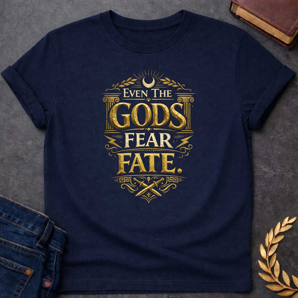 Navy t-shirt featuring a high-contrast, mythic gold design. The text reads 'EVEN THE GODS FEAR FATE.' in distressed, 3D chiseled gold letters. The typography is framed by Greek architectural elements: an Ionic column on each side, a top crescent moon with laurel branches, jagged lightning bolts, and a bottom section with crossed ancient daggers above a Greek key pattern. The overall aesthetic resembles weathered, metallic ancient stone carvings, creating a vintage and powerful look.