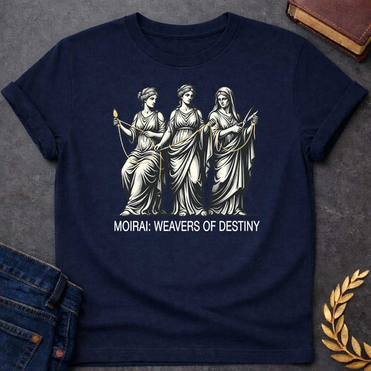 Navy T-shirt graphic in cream and gold on black featuring a detailed classical engraving-style illustration of the three Moirai, the Greek Fates, depicted as robed women in draped Grecian gowns — the first seated and spinning a golden thread from a spindle, the middle measuring and guiding the thread, and the third holding scissors ready to cut — with a single golden thread visibly connecting all three figures. Bold white sans-serif text below reads "Moirai: Weavers of Destiny,"