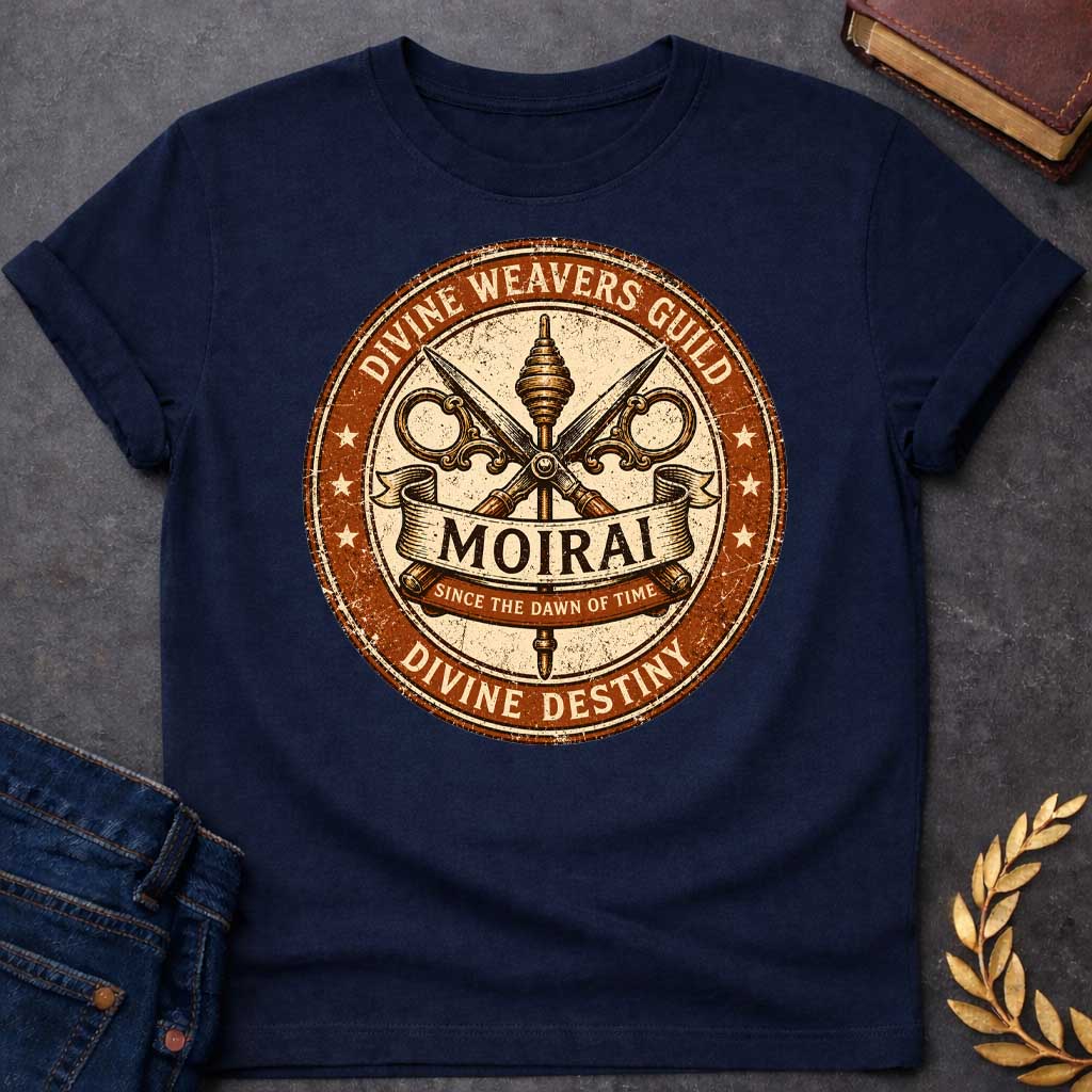 Navy T-shirt graphic featuring a distressed vintage trade guild seal design in burnt orange, cream, and dark brown. A central spindle crossed with ornate decorative scissors forms the badge's main emblem, with a scroll banner reading "Moirai" and a smaller ribbon below reading "Since the Dawn of Time." The outer ring reads "Divine Weavers Guild" arched above and "Divine Destiny" arched below, with small stars evenly spaced around the border, rendered in a weathered aged stamp style,