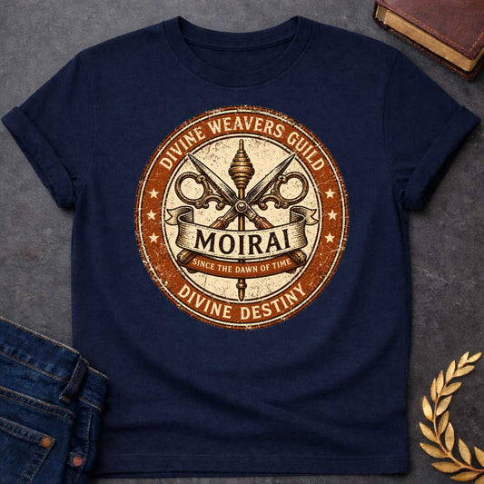 Navy T-shirt graphic featuring a distressed vintage trade guild seal design in burnt orange, cream, and dark brown. A central spindle crossed with ornate decorative scissors forms the badge's main emblem, with a scroll banner reading "Moirai" and a smaller ribbon below reading "Since the Dawn of Time." The outer ring reads "Divine Weavers Guild" arched above and "Divine Destiny" arched below, with small stars evenly spaced around the border, rendered in a weathered aged stamp style,