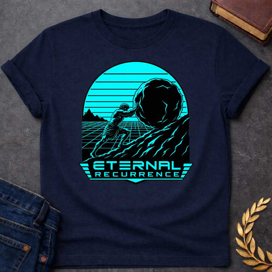Navy T-Shirt with a stylized, synthwave-inspired graphic design.  The illustration features a muscular figure representing Sisyphus pushing a large boulder up a rocky hill. The background is a cyan-colored grid landscape with a setting sun, typical of 1980s retro aesthetics, all contained within an arched frame. Below the illustration, in a futuristic, bold cyan font, is the text "ETERNAL RECURRENCE,"